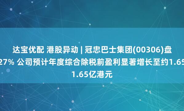 达宝优配 港股异动 | 冠忠巴士集团(00306)盘中涨超27% 公司预计年度综合除税前盈利显著增长至约1.65亿港元